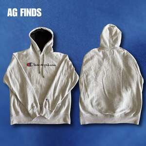 Champion Gray Powerblend Script Logo Pullover Hoodie with Black Hood Lining